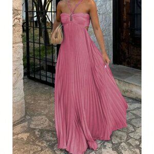 Pink Elegant Women's Spaghetti Straps Flowy Maxi Sundress